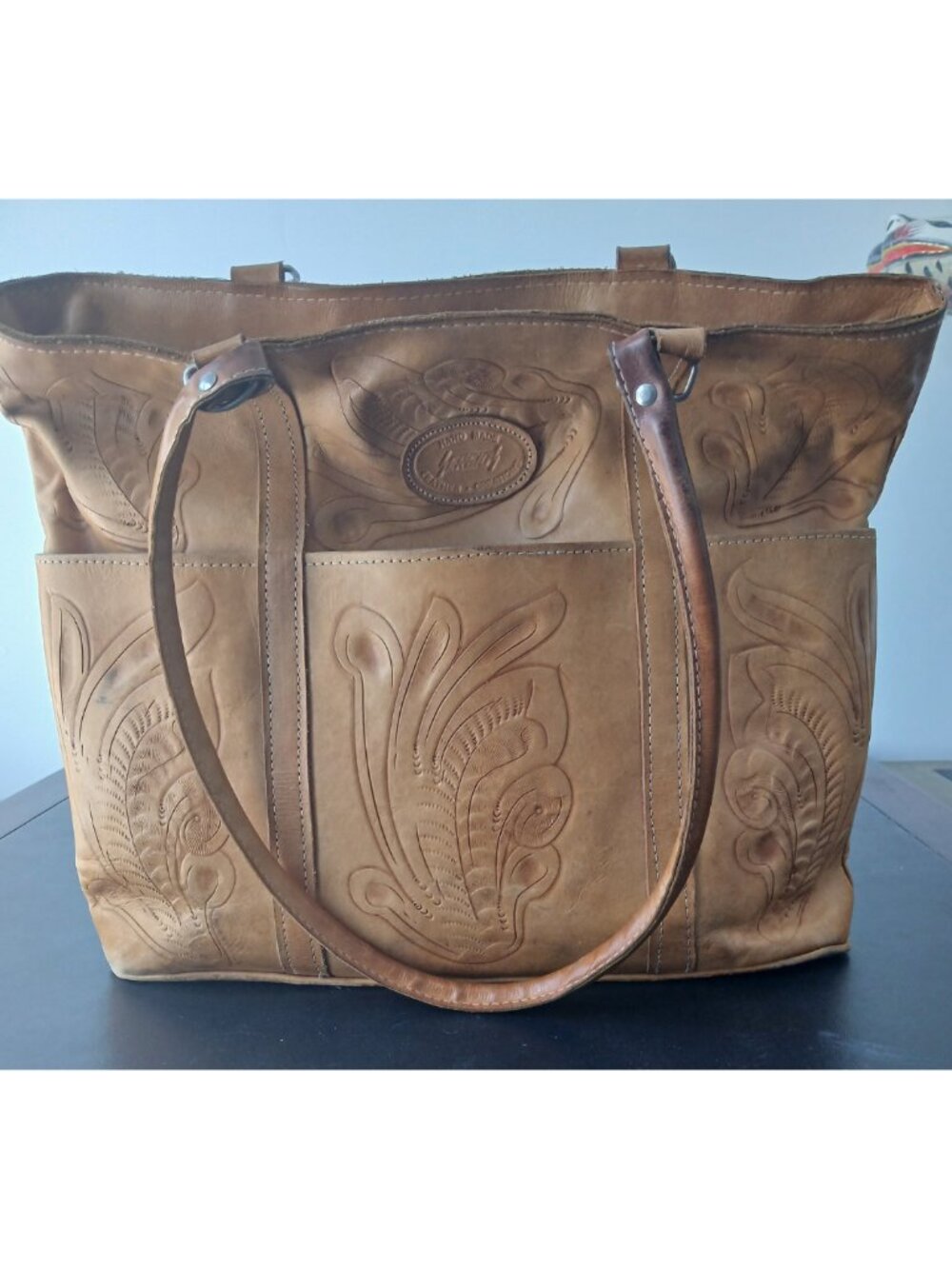 Vintage Hand Tooled Leather Tote Bag Western Boho Shoulder Bag